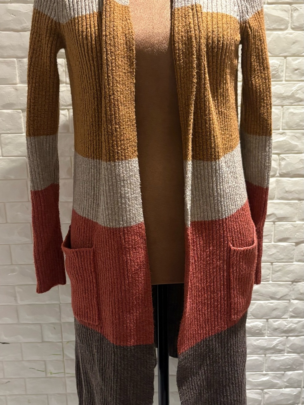 LOFT Colorblock Ribbed Open-Front Cardigan in Mustard, Cream & Rust